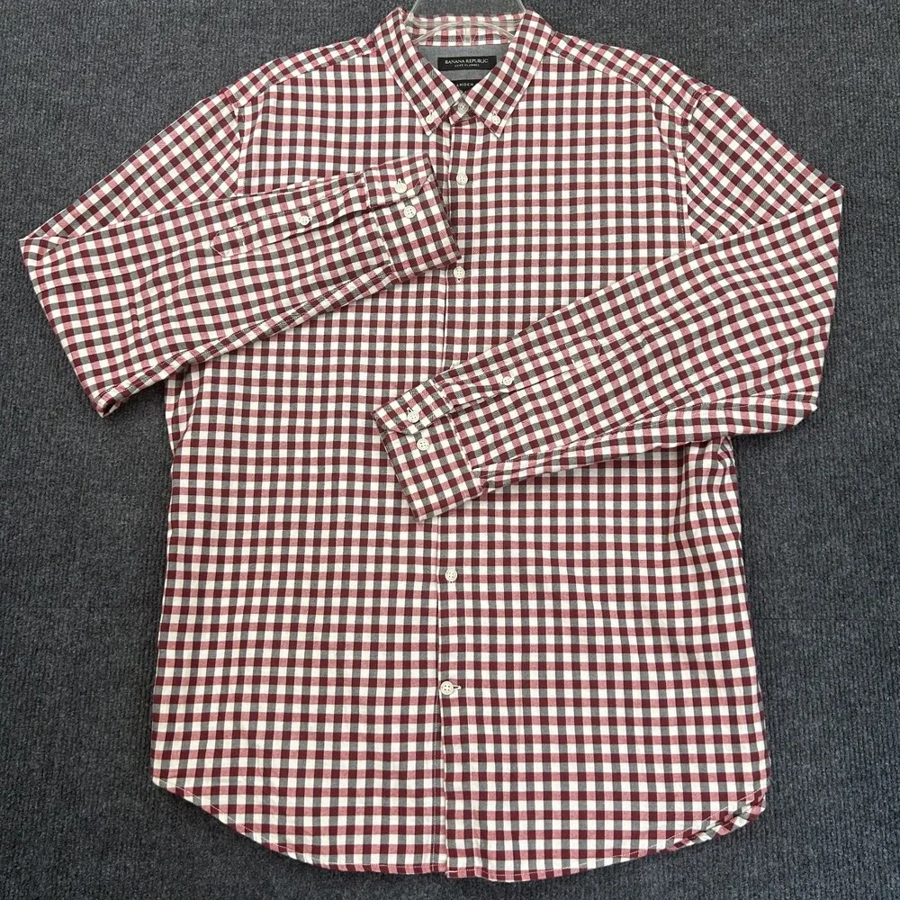 Banana Republic Button Down Shirt Mens L‎ Red Wht Blk Camden Fit Non-Iron Check